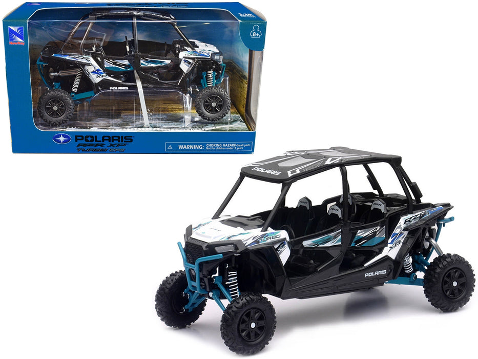 Polaris RZR XP 4 Turbo EPS Sport UTV Matt White Lightning with Graphics and Black Top 1/18 Diecast Model by New Ray - Miniature Motors