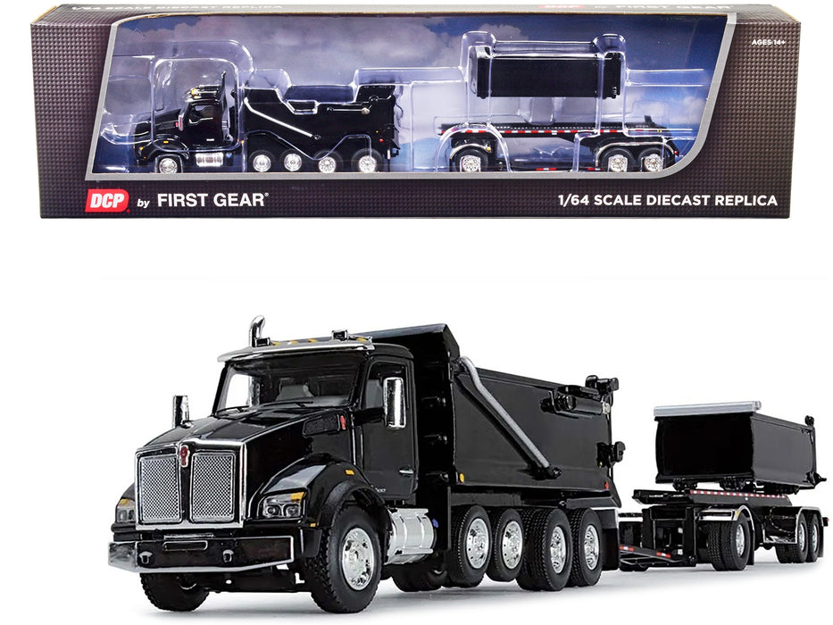 Kenworth T880 Quad-Axle Dump Truck and Rogue Transfer Tandem-Axle Dump Trailer Black 1/64 Diecast Model by DCP/First Gear