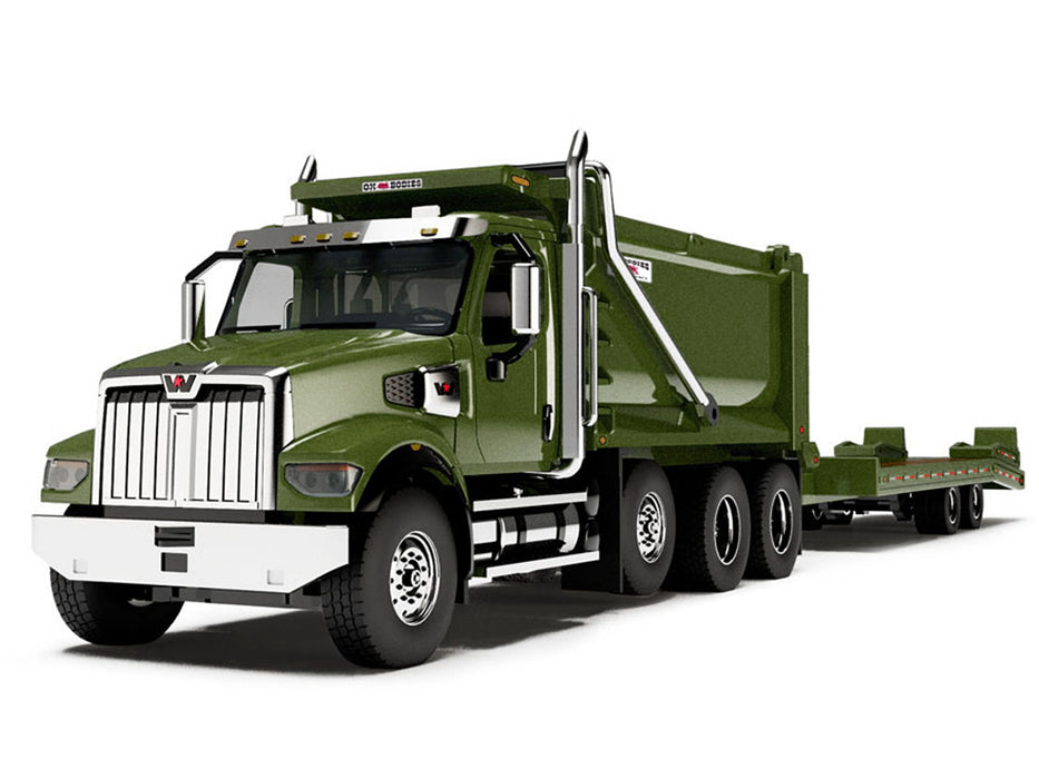 Western Star 49X Truck with Ox Bodies Dump & Beaver Tail Trailer Green Metallic 1/64 Diecast Model by DCP/First Gear