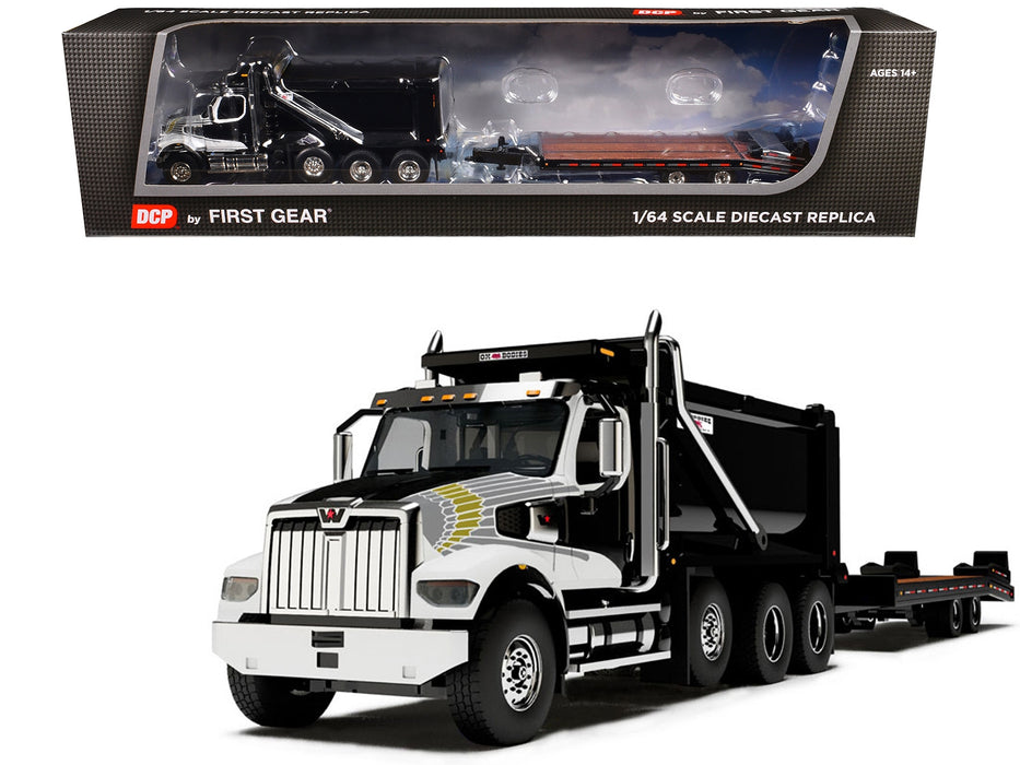 Western Star 49X Truck with Ox Bodies Dump & Beaver Tail Trailer Black with White Graphics 1/64 Diecast Model by DCP/First Gear