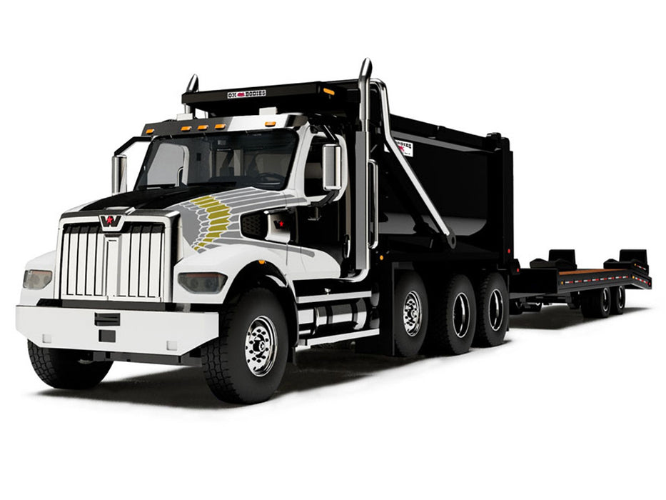 Western Star 49X Truck with Ox Bodies Dump & Beaver Tail Trailer Black with White Graphics 1/64 Diecast Model by DCP/First Gear