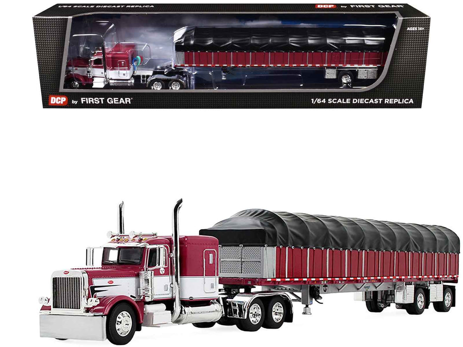 Peterbilt 389 with 63" Flat Top Sleeper and 53' Wilson Roadbrute Flatbed Trailer with Covered Wagon Maroon with White Stripes 1/64 Diecast Model by DCP/First Gear
