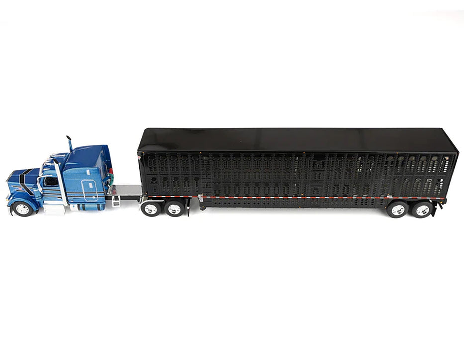 Peterbilt 589 with 72" Mid-Roof Sleeper and Wilson Silverstar Livestock Trailer Bright Blue with Black Stripes and Trailer 1/64 Diecast Model by DCP/First Gear