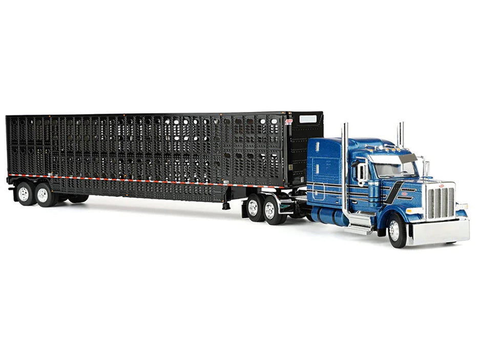 Peterbilt 589 with 72" Mid-Roof Sleeper and Wilson Silverstar Livestock Trailer Bright Blue with Black Stripes and Trailer 1/64 Diecast Model by DCP/First Gear