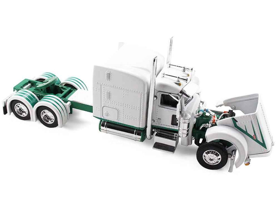 Peterbilt 389 with 63" Mid-Roof Sleeper and 53' Utility Trailer White with Green Stripes 1/64 Diecast Model by DCP/First Gear