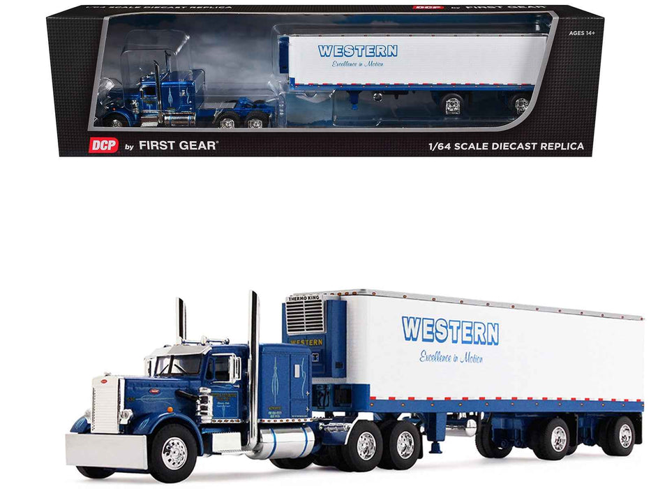 Peterbilt 351 with 63" Flat Top Sleeper and 40' Vintage Trailer with Reefer "Western Distributing" Blue Metallic and White 1/64 Diecast Model by DCP/First Gear
