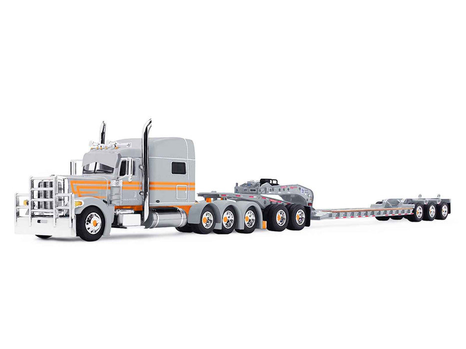 Peterbilt 389 with 70" Mid-Roof Sleeper and Fontaine Magnitude Tri-Axle Lowboy Trailer with Jeep "Capitola Trucking" Gray with Orange Stripes 1/64 Diecast Model by DCP/First Gear