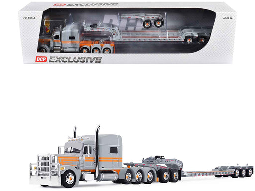 Peterbilt 389 with 70" Mid-Roof Sleeper and Fontaine Magnitude Tri-Axle Lowboy Trailer with Jeep "Capitola Trucking" Gray with Orange Stripes 1/64 Diecast Model by DCP/First Gear