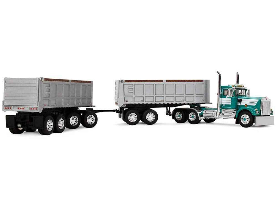 Kenworth W900A Day Cab with 22' Dual End Dump Trailers Turquoise with White Stripes 1/64 Diecast Model by DCP/First Gear