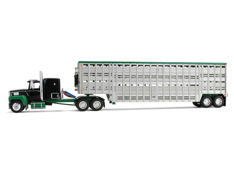 Ford LTL 9000 with 60" Flat Top Sleeper and 45' Wilson Vintage Livestock Trailer Black and Green 1/64 Diecast Model by DCP/First Gear