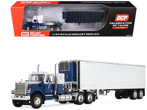 Chevrolet Bison with 34" Flat Top Sleeper & 40' Vintage Trailer with Reefer Blue and White 1/64 Diecast Model by DCP/First Gear