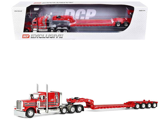 Peterbilt 379 with 63" Flat Top Sleeper and Fontaine Magnitude Lowboy Trailer with Fliptail "Anty Trucking & Rigging" Red with Black Stripes 1/64 Diecast Model by DCP/First Gear