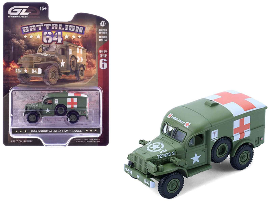 1944 Dodge WC-54 4X4 Ambulance "U.S. Army - WWII" Green with Graphics "Battalion 64" Series 6 1/64 Diecast Model Car by Greenlight