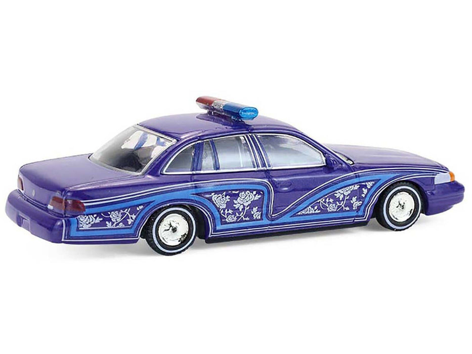 1992 Ford Crown Victoria Lowrider Blue with Graphics and Lightbar "California Lowriders" Series 7 1/64 Diecast Model Car by Greenlight