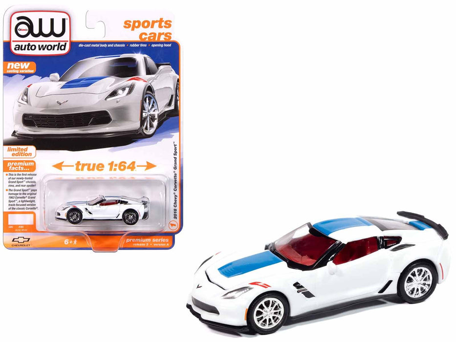 2018 Chevrolet Corvette Grand Sport Arctic White with Blue Stripe and Red Interior "Sports Cars" Series 1/64 Diecast Model Car by Auto World - Miniature Motors