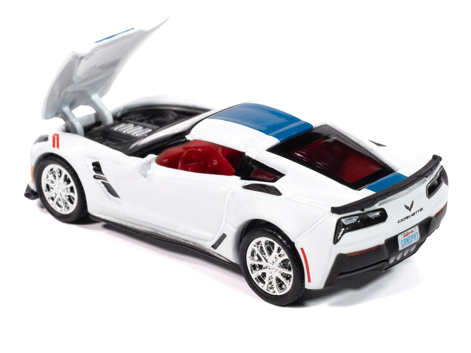 2018 Chevrolet Corvette Grand Sport Arctic White with Blue Stripe and Red Interior "Sports Cars" Series 1/64 Diecast Model Car by Auto World - Miniature Motors