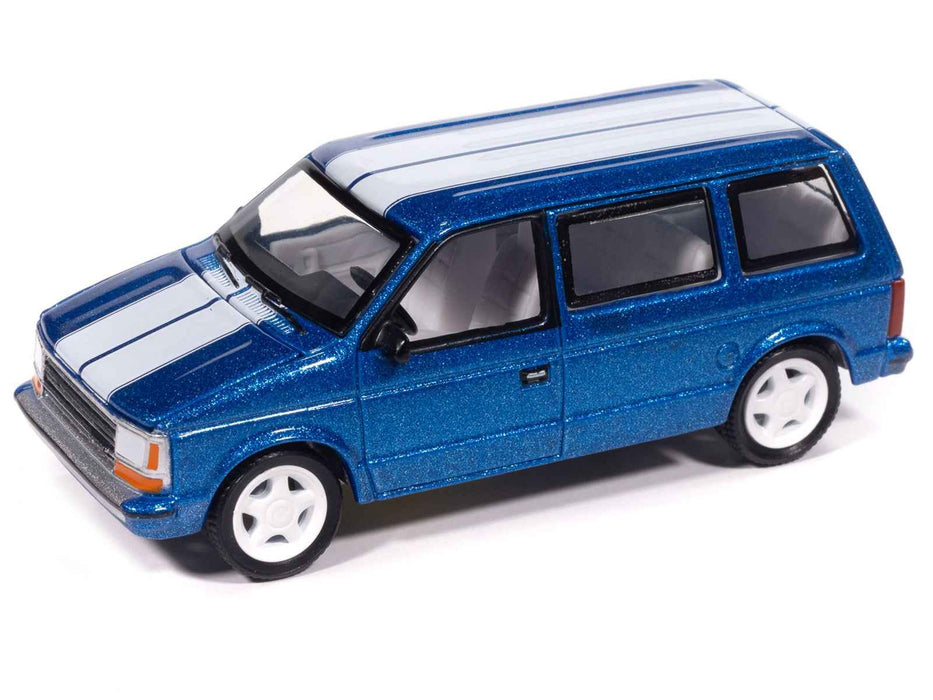 1989 Plymouth Voyager Turbo Van Daytona Blue Metallic with White Stripes and Interior "Mighty Minivans" Series 1/64 Diecast Model Car by Auto World