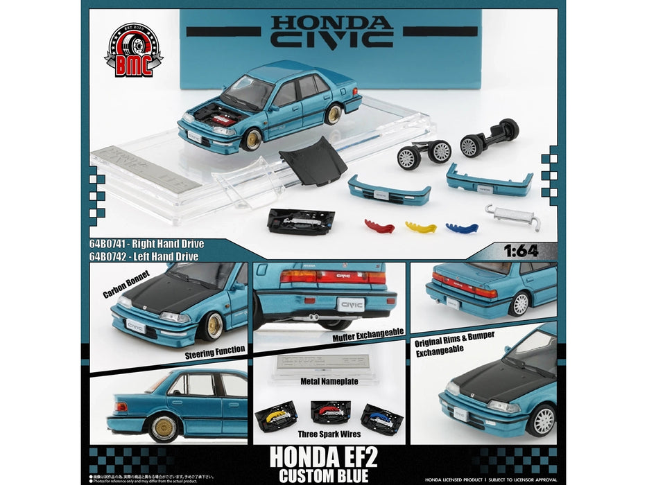 Honda Civic EF2 Custom Blue Metallic with Alternate Parts 1/64 Diecast Model Car by BM Creations