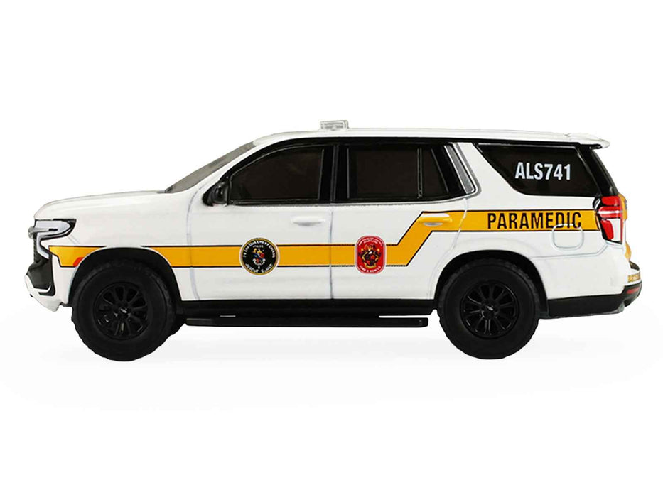 2024 Chevrolet Tahoe "Montgomery County Maryland Fire & Rescue Bethesda-Chevy Chase Rescue Squad" White with Yellow Stripes "Fire & Rescue" Series #5 1/64 Diecast Model Car by Greenlight
