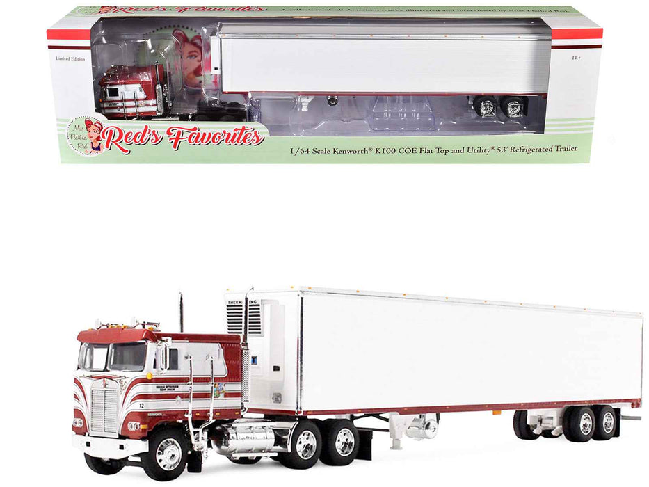 Kenworth K100 COE Flat Top and 53' Utility Trailer with Reefer "Red's Favorites - Jim Skrinar" Red with White Stripes 1/64 Diecast Model by DCP/First Gear