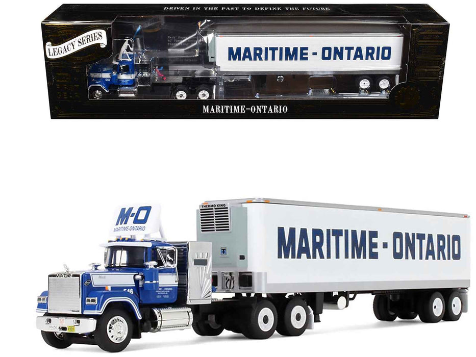 Mack Super-Liner with 36" Vintage Sleeper and 40' Vintage Trailer with Reefer "Maritime-Ontario" Blue with White Stripes "Legacy" Series #4 1/64 Diecast Model by DCP/First Gear