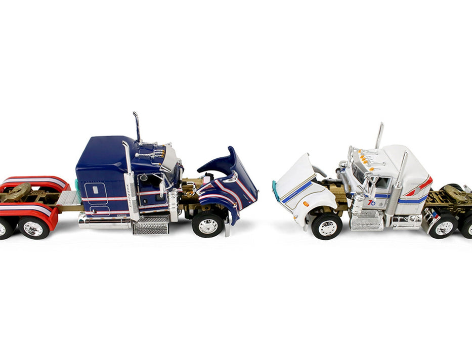 Kenworth W900L with 72" Aerocab Flat Top Sleeper Blue with White Stripes and Fontaine Magnitude Lowboy Trailer with Kenworth W900A Load White with Blue and Red Stripes "America 250" 1/64 Diecast Model by DCP/First Gear