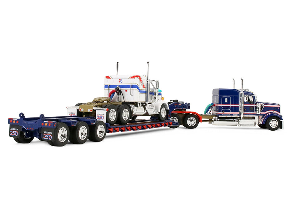 Kenworth W900L with 72" Aerocab Flat Top Sleeper Blue with White Stripes and Fontaine Magnitude Lowboy Trailer with Kenworth W900A Load White with Blue and Red Stripes "America 250" 1/64 Diecast Model by DCP/First Gear