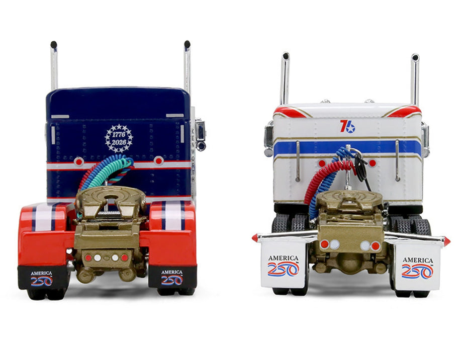Kenworth W900L with 72" Aerocab Flat Top Sleeper Blue with White Stripes and Fontaine Magnitude Lowboy Trailer with Kenworth W900A Load White with Blue and Red Stripes "America 250" 1/64 Diecast Model by DCP/First Gear