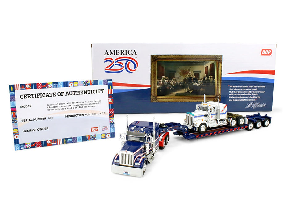 Kenworth W900L with 72" Aerocab Flat Top Sleeper Blue with White Stripes and Fontaine Magnitude Lowboy Trailer with Kenworth W900A Load White with Blue and Red Stripes "America 250" 1/64 Diecast Model by DCP/First Gear