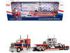 Peterbilt 589 with 44" Flat Top Sleeper Red with Blue Stripes and Fontaine Renegade LXT40 Lowboy Trailer with Peterbilt 359 Load White with Blue and Red Stripes "America 250" 1/64 Diecast Model by DCP/First Gear