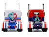 Peterbilt 589 with 44" Flat Top Sleeper Red with Blue Stripes and Fontaine Renegade LXT40 Lowboy Trailer with Peterbilt 359 Load White with Blue and Red Stripes "America 250" 1/64 Diecast Model by DCP/First Gear