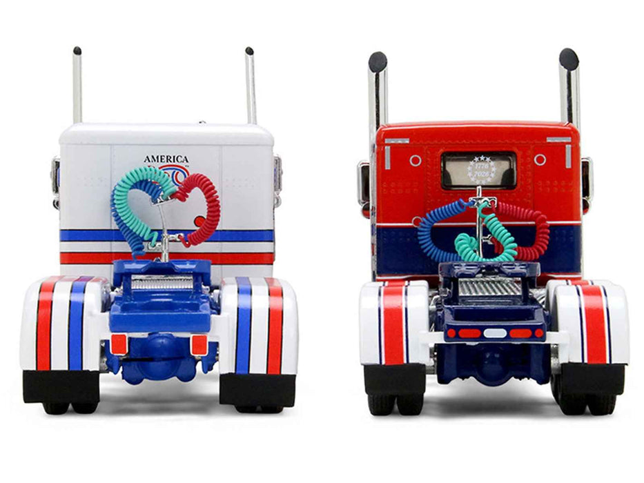 Peterbilt 589 with 44" Flat Top Sleeper Red with Blue Stripes and Fontaine Renegade LXT40 Lowboy Trailer with Peterbilt 359 Load White with Blue and Red Stripes "America 250" 1/64 Diecast Model by DCP/First Gear