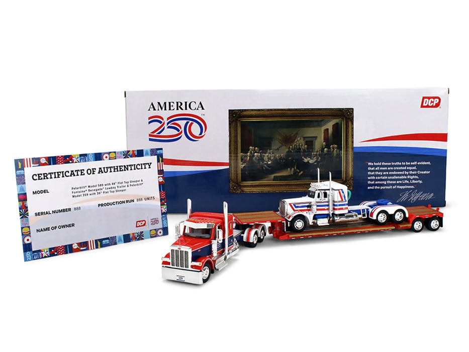 Peterbilt 589 with 44" Flat Top Sleeper Red with Blue Stripes and Fontaine Renegade LXT40 Lowboy Trailer with Peterbilt 359 Load White with Blue and Red Stripes "America 250" 1/64 Diecast Model by DCP/First Gear