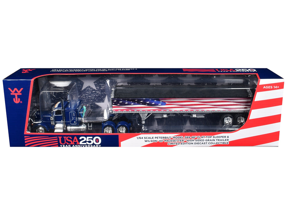 Peterbilt 389 with 48" Flat Top Sleeper and 43' Wilson Pacesetter High Side Grain Trailer "Wilson USA 250" Blue 1/64 Diecast Model by DCP/First Gear