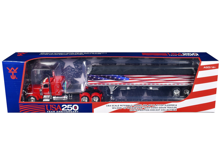 Peterbilt 389 with 48" Flat Top Sleeper and 43' Wilson Pacesetter High Side Grain Trailer "Wilson USA 250" Red 1/64 Diecast Model by DCP/First Gear