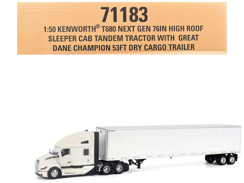 Kenworth T680 Next-Gen 76" High-Roof Sleeper Tandem Tractor White with Great Dane Champion 53ft Dry Cargo Trailer "Transport Series" 1/50 Diecast Model by Diecast Masters