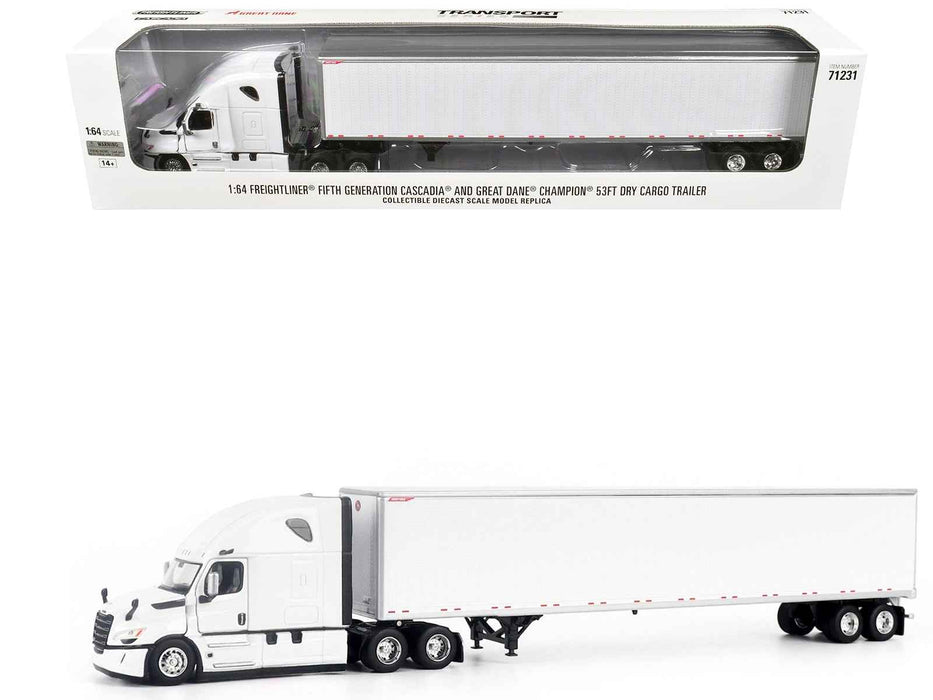 2025 Freightliner Cascadia Gen-5 Truck Tractor with Sleeper and Great Dane Champion 53ft Dry Cargo Trailer Winter White "Transport Series" 1/64 Diecast Model by Diecast Masters