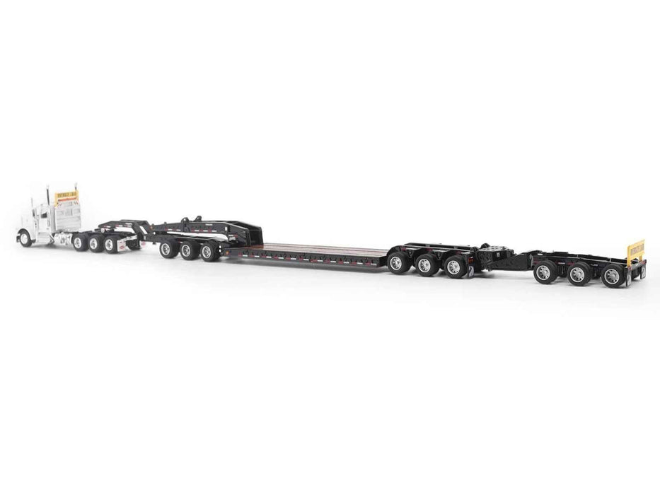 Peterbilt 589 Tridem-Axle Truck Tractor with Day Cab and Trail King TK170 Hydraulic Detachable Gooseneck Lowboy Trailer with Jeep and Booster White "Transport Series" 1/64 Diecast Model by Diecast Masters