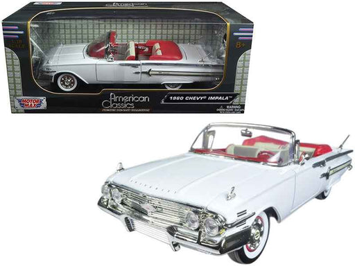 1960 Chevrolet Impala Convertible White with Red Interior 1/18 Diecast Model Car by Motormax