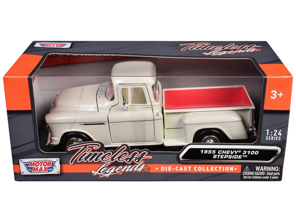 BRAND NEW 1955 CHEVROLET 3100 STEPSIDE PICKUP TRUCK CREAM WITH WHITE INTERIOR "TIMELESS LEGENDS" SERIES 1/24 DIECAST MODEL CAR BY MOTORMAX - Miniature Motors