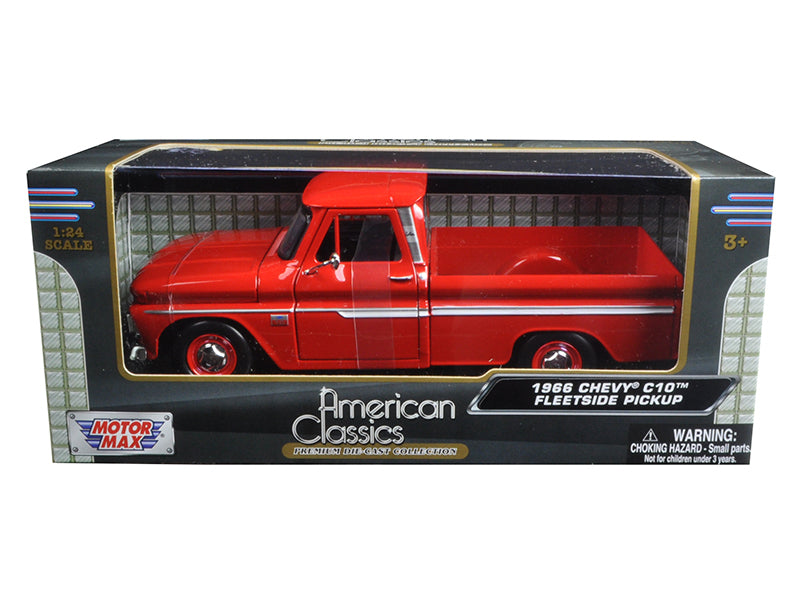 BRAND NEW 1966 CHEVROLET C10 FLEETSIDE PICKUP TRUCK RED 1/24 DIECAST MODEL CAR BY MOTORMAX - Miniature Motors