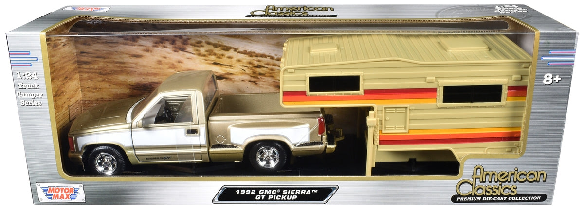 BRAND NEW 1992 GMC SIERRA GT PICKUP TRUCK GOLD METALLIC WITH WHITE SIDES WITH CAMPER SHELL "AMERICAN CLASSICS" SERIES 1/24 DIECAST MODEL CAR BY MOTORMAX - Miniature Motors
