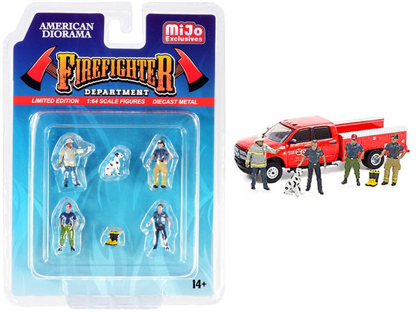 "Firefighter II" 6 piece Diecast Set (4 Figurines 1 Dog and 1 Accessory) for 1/64 Scale Models by American Diorama - Miniature Motors