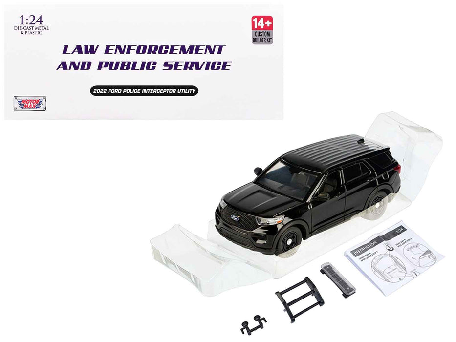 2022 Ford Police Interceptor Utility Unmarked Black "Builder's Kit" "Law Enforcement and Public Service" Series 1/24 Diecast Model Car by Motormax