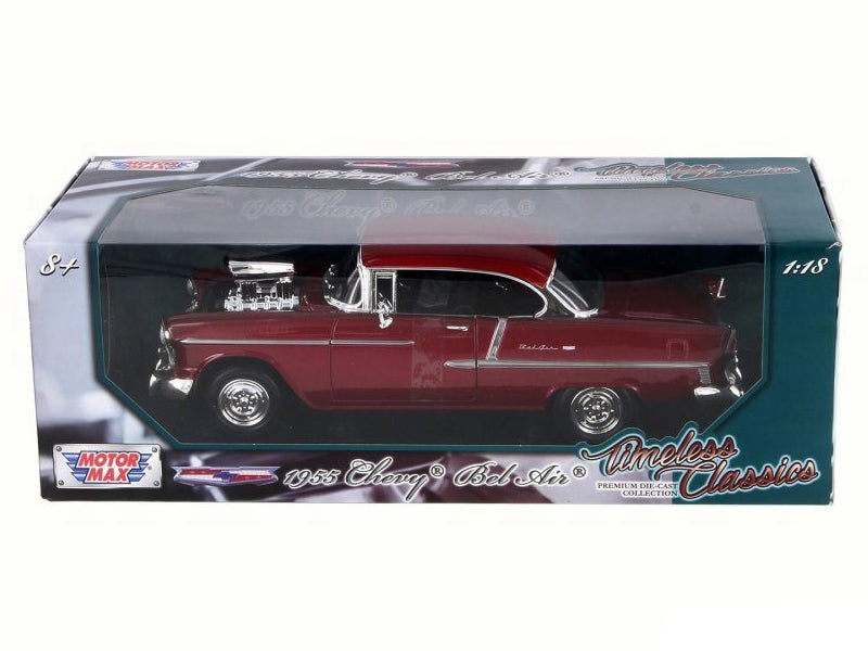 1955 Chevrolet Bel Air Burgundy With Blower Timeless Classics 1/18 Diecast Model Car  by Motormax
