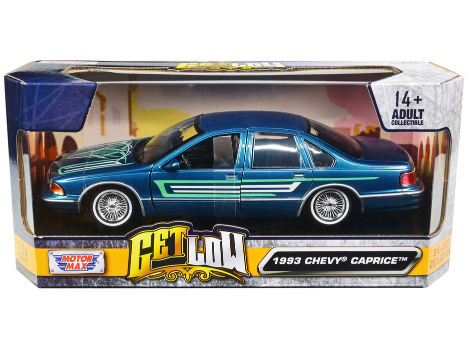 Top-Pick | 1993 Chevrolet Caprice Lowrider Blue Metallic with Graphics "Get Low" Series 1/24 Diecast Model Car by Motormax - Miniature Motors