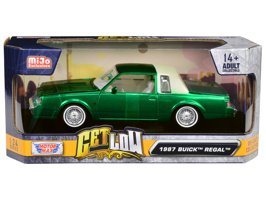 BRAND NEW 1987 BUICK REGAL GREEN METALLIC WITH WHITE INTERIOR "GET LOW" SERIES 1/24 DIECAST MODEL CAR BY MOTORMAX - Miniature Motors