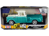 Top-Pick | 1957 Chevrolet 3100 Stepside Pickup Truck Lowrider Turquoise Metallic and White with White Interior "Get Low" Series 1/24 Diecast Model Car by Motormax - Miniature Motors