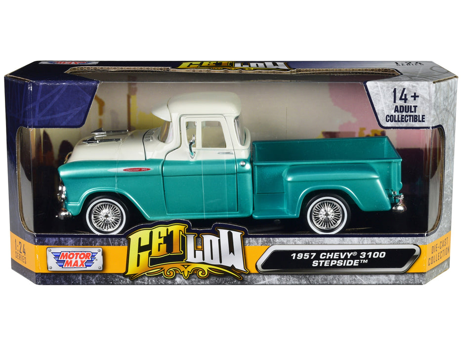 Top-Pick | 1957 Chevrolet 3100 Stepside Pickup Truck Lowrider Turquoise Metallic and White with White Interior "Get Low" Series 1/24 Diecast Model Car by Motormax - Miniature Motors
