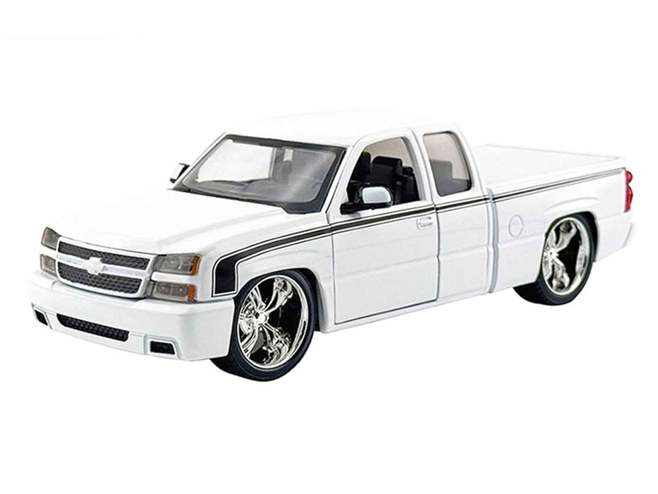 2006 Chevrolet Silverado Custom Pickup Truck White with Black Stripes "Die-Cast Collection" Series 1/25 Diecast Model Car by Motormax